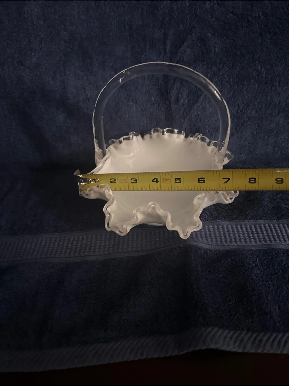 Fenton White Milk Glass Ruffled Basket with Clear Handle